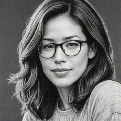 Enchanting Michaela Conlin, pencil sketch, portrait of Lovely woman 1974s in glasses, hair style beatnik, outline, clear lines, fine lines, 8k
