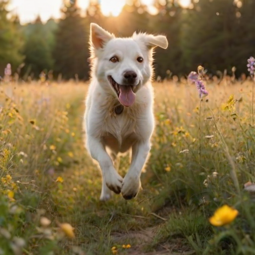 Blurry action shot of a dog joyfully running through a field, tongue out, with wildflowers surrounding it and soft sunlight casting a golden glow over the scene.