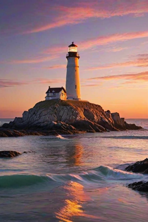 Generate an image of a tall lighthouse perched on a rocky outcrop surrounded by calm ocean waters during a breathtaking sunset. The lighthouse stands sturdy and weathered, its stone surface illuminated by the warm golden light of the setting sun. The sun's rays pass directly through the glass lantern room at the top of the lighthouse, casting a brilliant light across the scene. The sky is painted with vibrant shades of orange, pink, and purple, reflecting off the tranquil sea. The surrounding water shimmers with the same warm hues, creating a serene and majestic atmosphere.