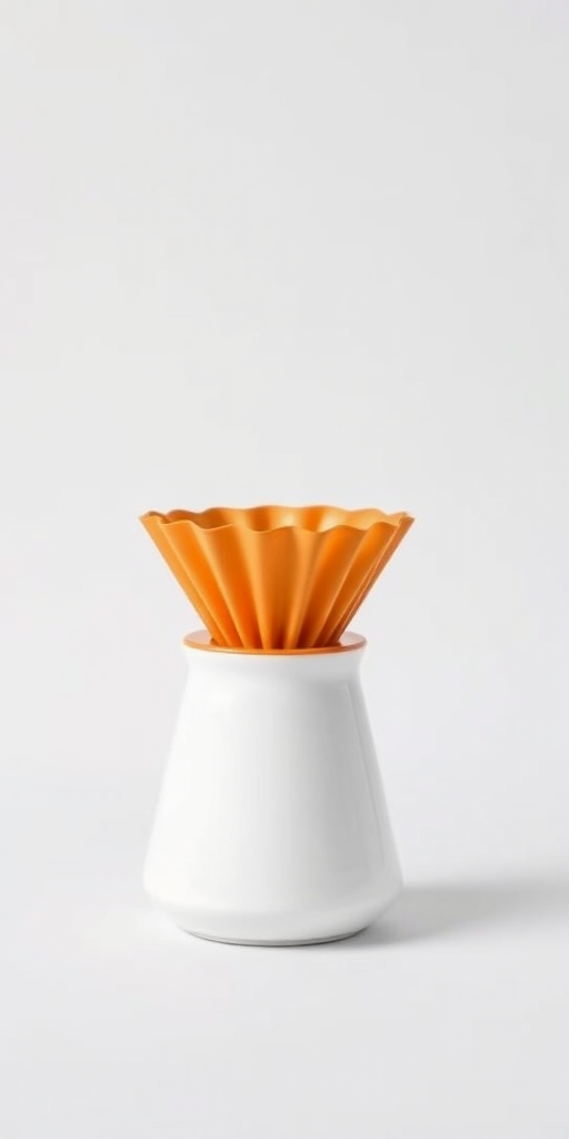 create a high-resolution vector graphic of a coffee dripper with an orange filter on a sleek white ceramic pot, using a 50mm lens, f/2.8 aperture, and natural lighting for enhanced clarity and color vibrancy, in a minimalist style