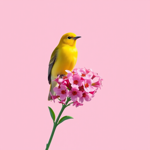 Create a vibrant illustration of a yellow bird perched on a cluster of pink flowers against a soft pink background, using a high-resolution digital art style with a 50mm lens, f/2.8 aperture, and natural lighting to enhance colors and details.