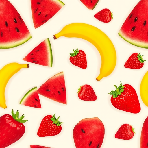 Create a seamless pattern featuring stylized fruits including red watermelon slices, yellow bananas, and vibrant strawberries on a light background, shot with a DSLR camera at f/8 aperture, 1/125s shutter speed, ISO 100, from a top-down view with a vibrant color profile to enhance image quality.