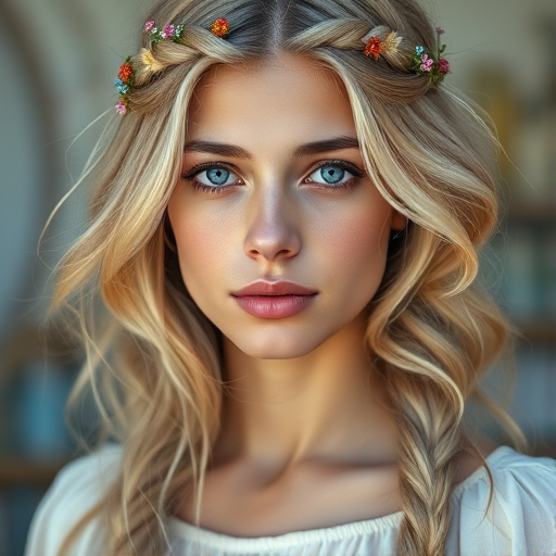 Create an image of a young Sephardic woman with long, wavy blonde hair, adorned with small, colorful flowers woven into her braids and loose strands. Her complexion is fair, with soft, glowing skin, and she has light blue eyes that gaze softly at the viewer. She wears a light, flowing dress with a gentle, ethereal quality, complementing her delicate and serene appearance. The background is slightly blurred, drawing focus to her tranquil expression and the intricate details of the flowers in her hair. The overall mood of the image is one of natural beauty and grace, evoking a sense of peacefulness and connection with nature.