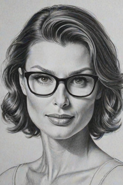 Exquisite Bridget Moynahan, pencil sketch, portrait of Charming woman 1954s in glasses, hair style beatnik, outline, clear lines, fine lines, 8k
