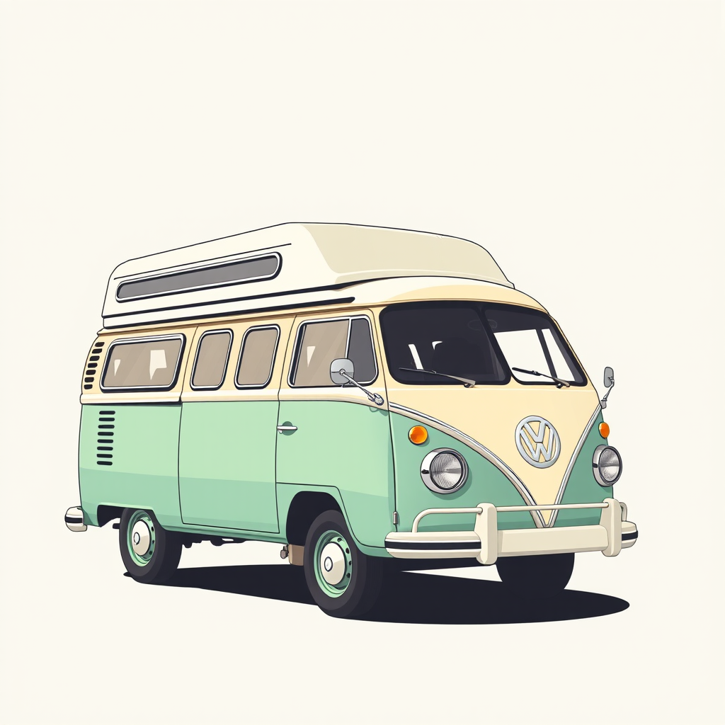 generate a detailed vector-style illustration of a vintage camper van in motion on a minimalist background with a focus on clean lines and smooth gradients use a DSLR camera with a 50mm lens at f/2.8, ISO 100, shutter speed 1/200s, and an angle that captures the van from a slight front and side view to enhance depth and clarity