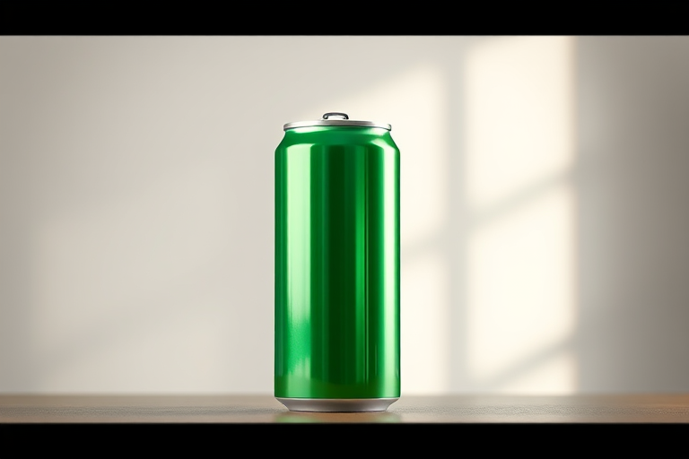 Generate a hyper-realistic image of a tall green soda can with a shiny metallic finish, captured using a DSLR camera at f/1.8 aperture, ISO 100, 50mm lens, with a soft focus background, lit with soft natural light from the side.