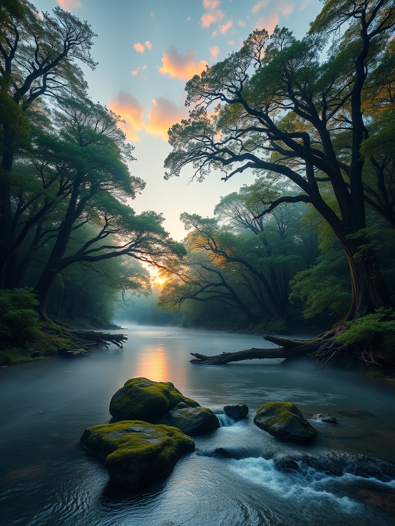 Create a vibrant fantasy landscape featuring majestic ancient trees surrounding a serene river at sunrise, with mist rising from the water, using a DSLR camera with a 24mm lens, aperture f/8, ISO 100, in a wide-angle view to capture depth and detail, emphasizing rich colors and textures in the scene.