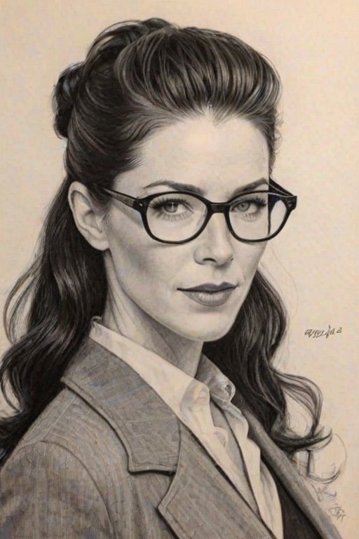 Exquisite Bridget Regan, pencil sketch, portrait of Captivating woman 1928s in glasses, hair style beatnik, outline, clear lines, fine lines, 8k