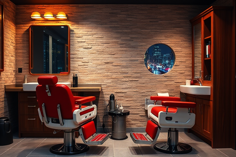 Create a modern barber shop interior with two red barber chairs, a sleek white sink, storage cabinets with mirrored fronts, a rustic stone wall background, warm lighting fixtures, and a cityscape window view at night, captured with a DSLR camera, 35mm lens, f/2.8 aperture, ISO 200, and a wide-angle perspective for enhanced depth and clarity.