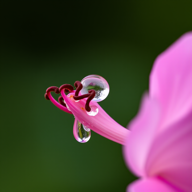 Close-up of a pink flower with dew drops, soft bokeh background, macro photography, f/2.8 aperture, 100mm lens, ISO 200, 1/200 sec shutter speed, natural light.