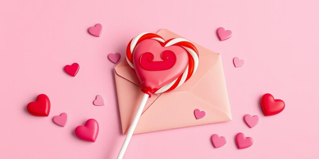 create a vibrant digital illustration of a heart-shaped lollipop and a colorful envelope surrounded by small hearts, using a soft pink background, captured with a Canon EOS R5 with a 50mm f/1.2 lens, aperture set to f/2.8, ISO 100, and a 1/200 sec shutter speed for crisp detail and vibrant colors, focusing on a flat lay angle to enhance the composition