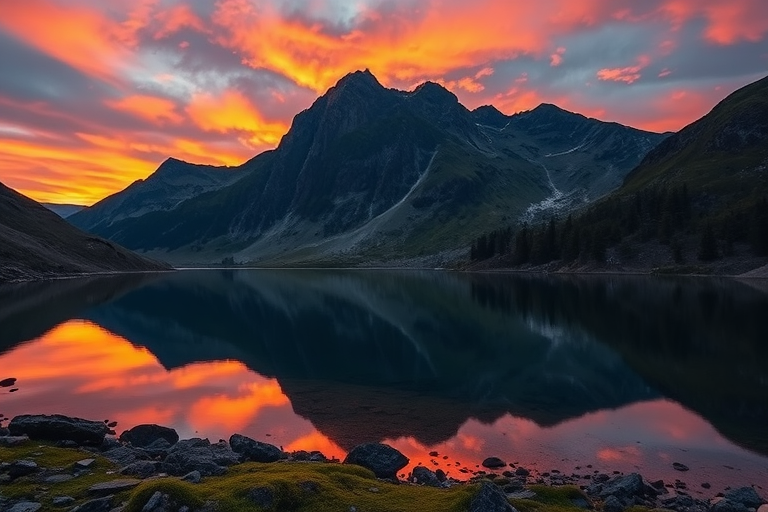 Create an image of a serene mountain landscape at sunrise, with vibrant colors in the sky reflecting on a clear lake, using a Canon EOS R5 camera, 24mm lens, f/8 aperture, ISO 100, and a shutter speed of 1/60 seconds, captured from a slightly elevated viewpoint for depth.