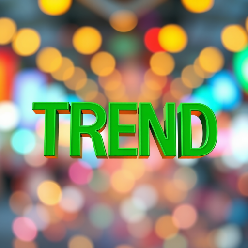 Create a vibrant illustration of the word "TREND" in bold, three-dimensional green letters on a softly blurred multicolored bokeh background, using a Canon EOS R5 camera with an aperture of f/2.8, ISO 100, and a focal length of 50mm for sharp details and smooth background blur, in a wide-angle view.