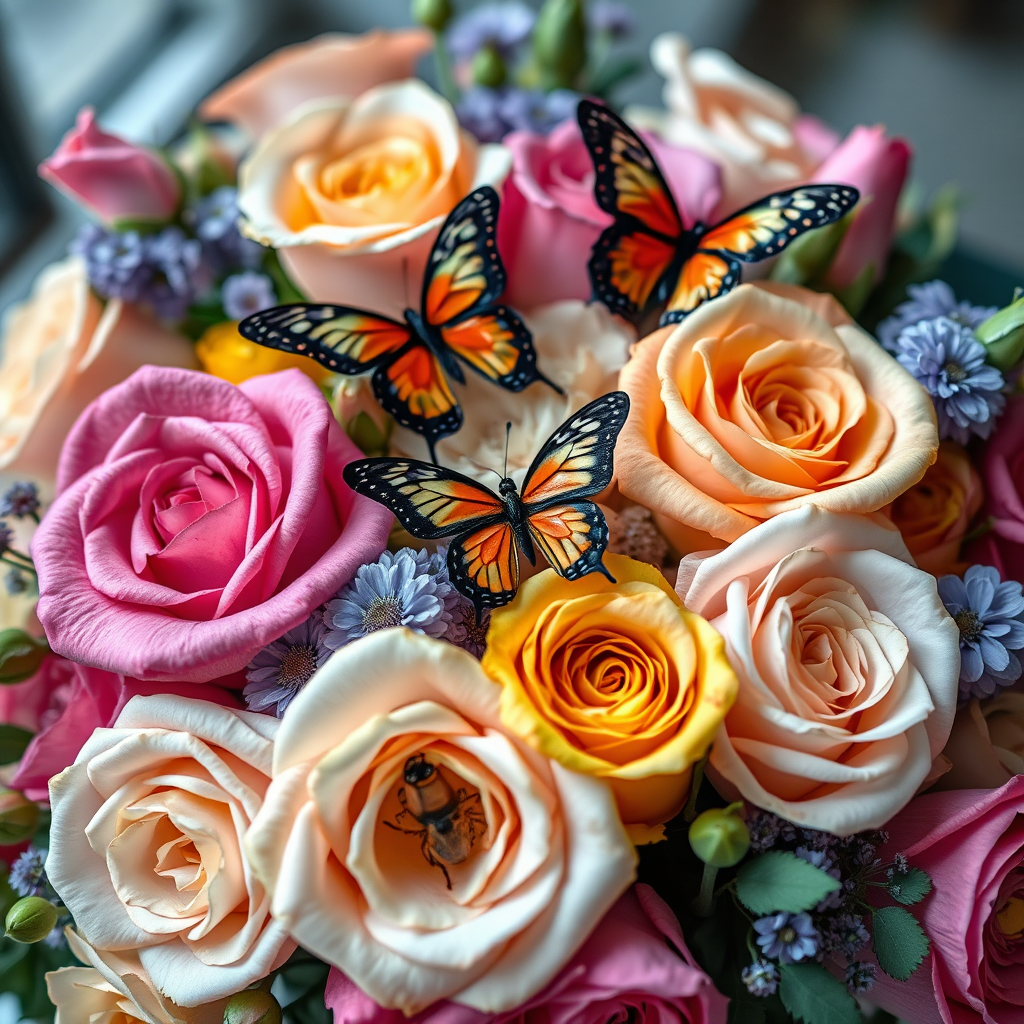 Create a highly detailed floral arrangement with various colored roses and butterflies, using a macro lens at f/2.8, ISO 100, 1/200 sec, shot from a slight overhead angle, with soft natural lighting, employing a digital SLR camera for enhanced clarity and color vibrancy.