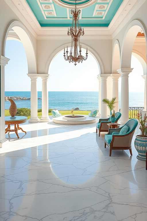luxurious coastal villa interior with turquoise accents and chandeliers, bright sunlight illuminating marble floors, ocean view through grand arches, aperture f/2.8, ISO 100, 24mm lens, DSLR with soft focus style