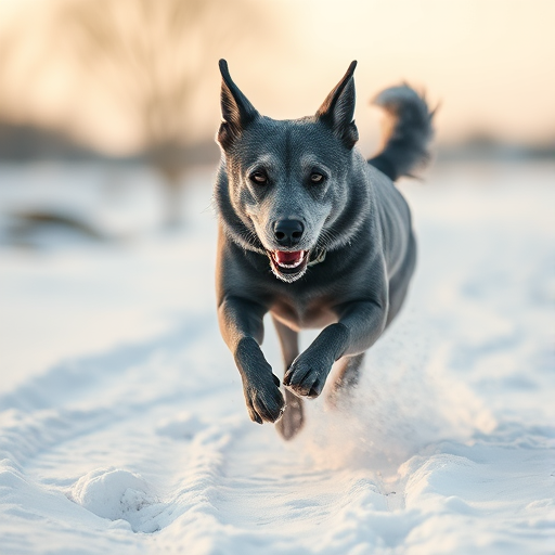 a grey dog running in a snowy landscape, dynamic action shot, natural light, shallow depth of field, ISO 200, f/2.8, 1/1000s, 85mm lens, DSLR camera, wide-angle view