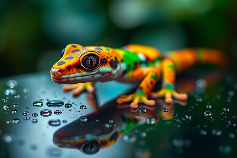 A vibrant gecko with colorful patterns resting on a reflective surface covered in water droplets, soft bokeh background, macro photography, aperture f/2.8, shutter speed 1/200s, ISO 100, 100mm macro lens, shot from a low angle for depth.
