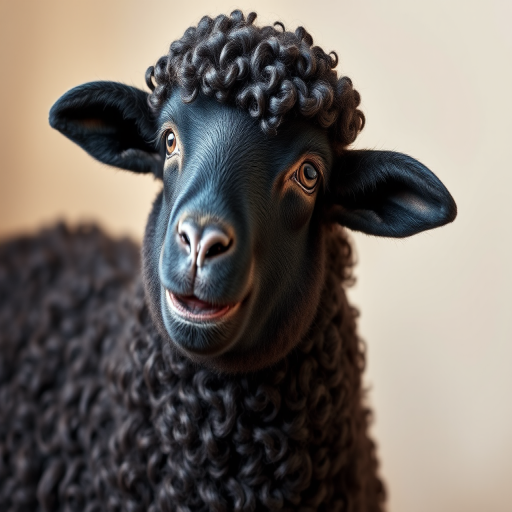 Regenerate an image of a smiling black sheep with curly wool, positioned against a soft neutral background, using a DSLR camera, f/2.8 aperture, 50mm lens, ISO 100, in portrait orientation, capturing the details of the wool and the sheep's expression with vibrant colors and sharp focus.