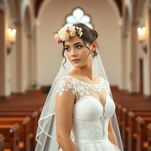 church scene, bridal model, delicate lace gown, floral headpiece, soft romantic focus, high-key lighting and an 85mm lens for soft, even tones that highlight the model’s face and bright outfit against a white or light background
