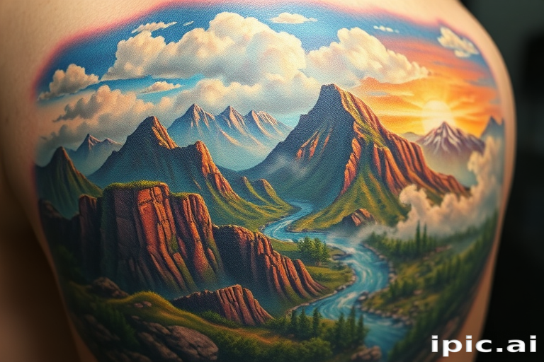 Photorealistic color tattoo named "Living Landscape" showcasing a breathtaking natural scene with incredible detail, depth, and vibrant colors that appear three-dimensional