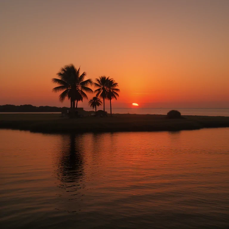 Serene Sunset Over Water with Silhouetted Palm Trees on Tranquil Island