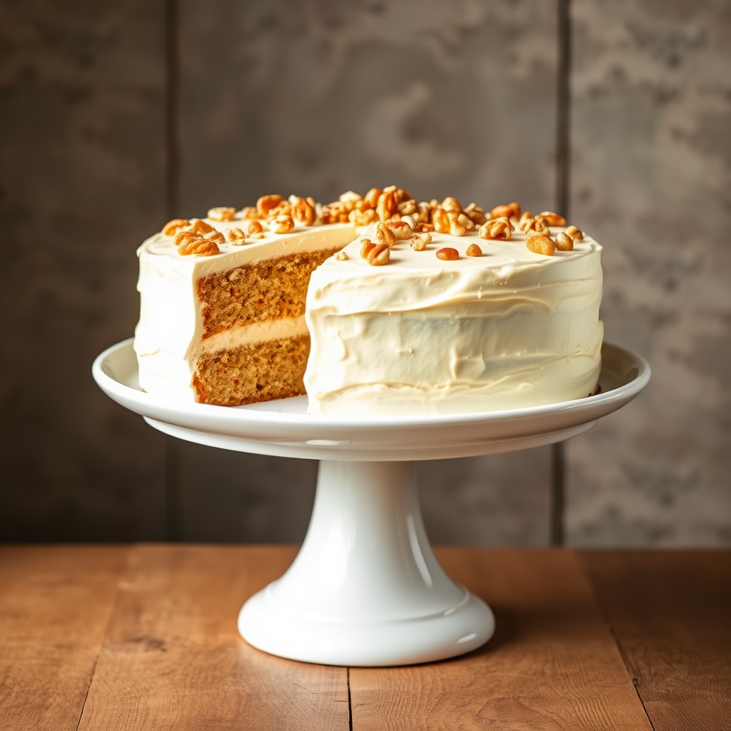 Create an image of a layered cake with creamy frosting topped with chopped nuts placed on a white cake stand with a rustic background. The cake should have a few slices cut out to showcase its layers and texture, emphasizing its delicious and inviting appearance.