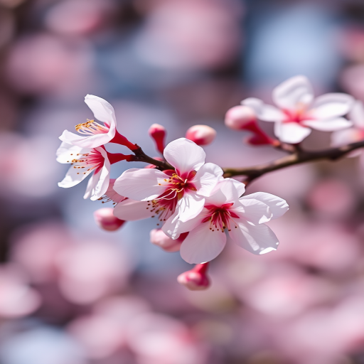 macro view of cherry blossoms on a branch with soft focus background, aperture f/2.8, shutter speed 1/100s, ISO 200, using a DSLR camera with a 60mm macro lens, natural light for enhanced color saturation and detail