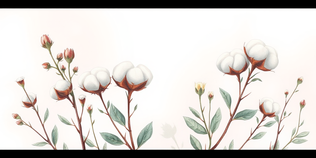 Create a botanical illustration featuring cotton plants and leaves with a soft pastel background, using a Canon EOS R5 with an 85mm f/1.2 lens, aperture set to f/2.8 for a shallow depth of field, shot from a slightly elevated angle to enhance the composition, and apply a watercolor style effect for a dreamy aesthetic.