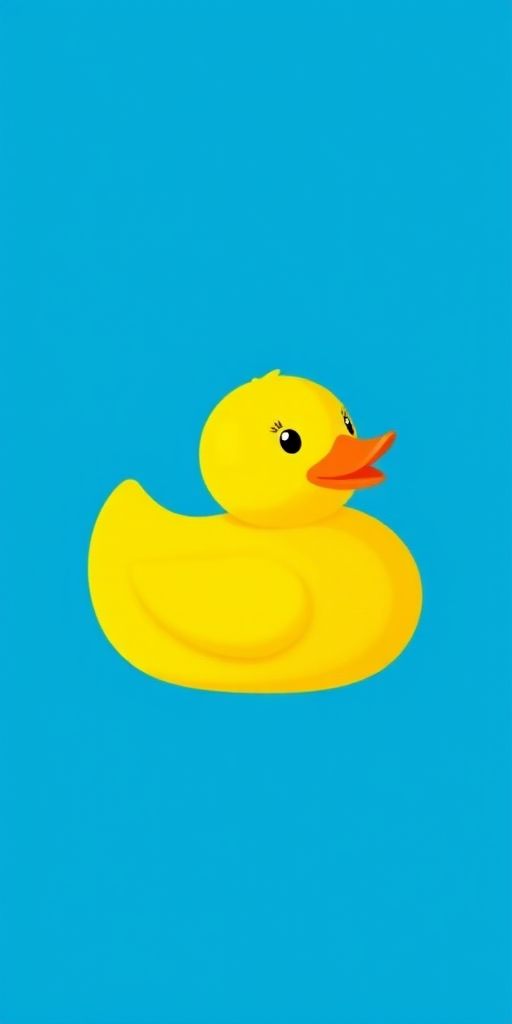 Create a bright, minimalist illustration of a yellow rubber duck on a solid blue background, using a 50mm lens, f/2.8 aperture, soft lighting, and a digital camera for a clean and vibrant look.