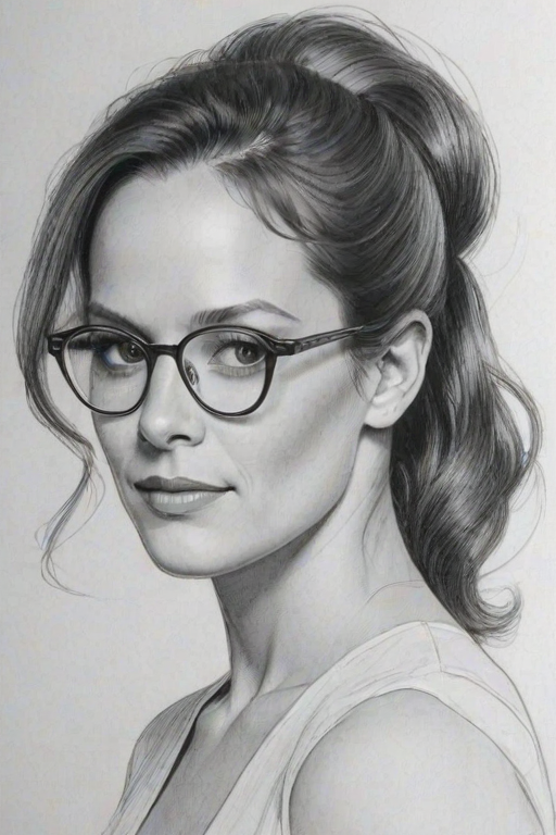 Radiant Diedrich Bader, pencil sketch, portrait of Elegant woman 1976s in glasses, hair style beatnik, outline, clear lines, fine lines, 8k