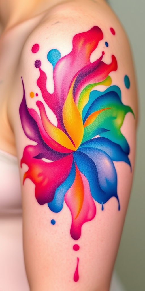Vibrant watercolor tattoo named "Spectrum Splash" featuring a kaleidoscope of flowing colors blending seamlessly across the skin creating an ethereal and dreamlike appearance with soft edges and translucent hues
