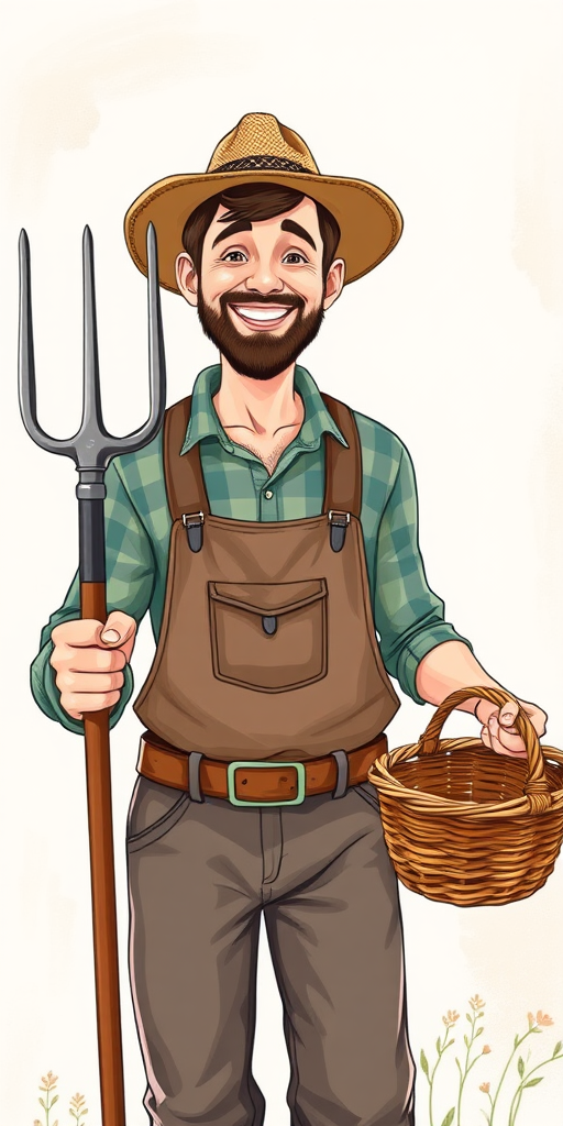 Create an illustration of a smiling farmer holding a pitchfork in one hand and a basket in the other, set against a soft, neutral background, with vibrant colors and detailed textures, use a DSLR camera with a 50mm lens at f/1.8, ISO 100, shutter speed 1/200s, portrait view for enhanced image quality.