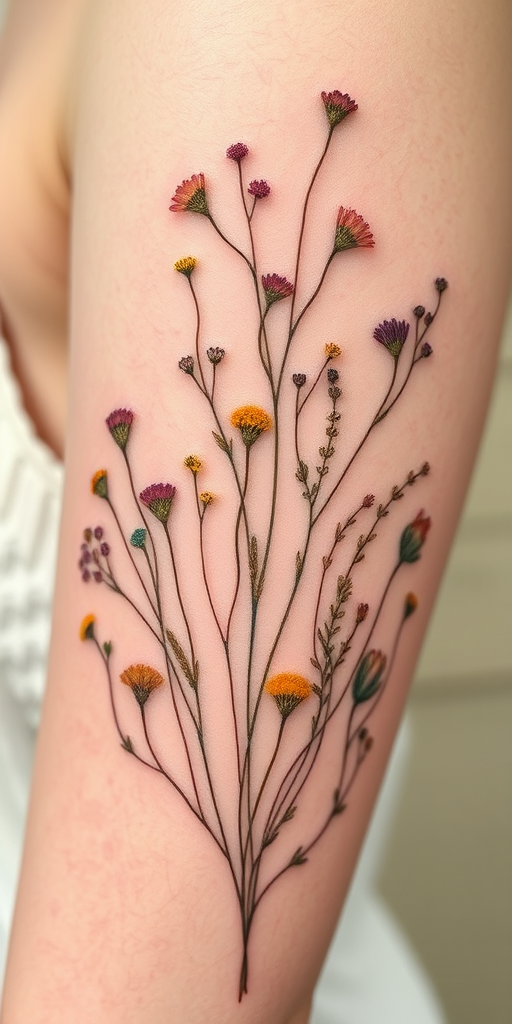 Delicate botanical tattoo called "Whispers of Spring" featuring a collection of delicately rendered wildflowers and herbs in soft, muted colors that appear to be gently pressed onto the skin like a fragile paper cutting, with fine linework and subtle shading creating a sense of depth and texture that mimics the delicate nature of pressed flowers