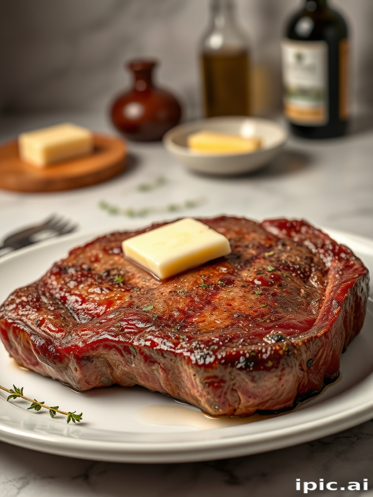 Create an image of a perfectly seared ribeye steak, resting on a white plate with a pat of melting butter on top. The steak is seasoned with fresh herbs like thyme and parsley, with glistening juices highlighting the texture of the meat. The background features a soft focus on a light, marble countertop, with a small dish of butter and an olive oil bottle in the distance. The overall mood should be warm and inviting, capturing the deliciousness and juiciness of the steak.