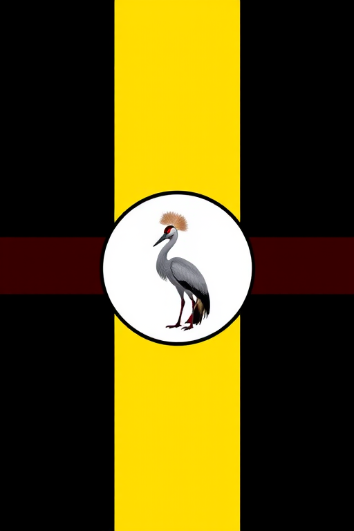 Create a high-resolution image of the Uganda flag featuring horizontal stripes of black, yellow, and red with a white circle containing a grey crowned crane in the center, captured using a DSLR camera with a 50mm lens, f/8 aperture, ISO 100, and natural lighting for enhanced clarity and color vibrancy.