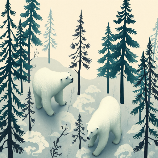 elaborate illustration of polar bears amid stylized trees in a muted color palette, focus on artistic details and texture, shot with a DSLR camera at f/8 aperture, 50mm lens, natural lighting, top-down view for enhanced depth and composition
