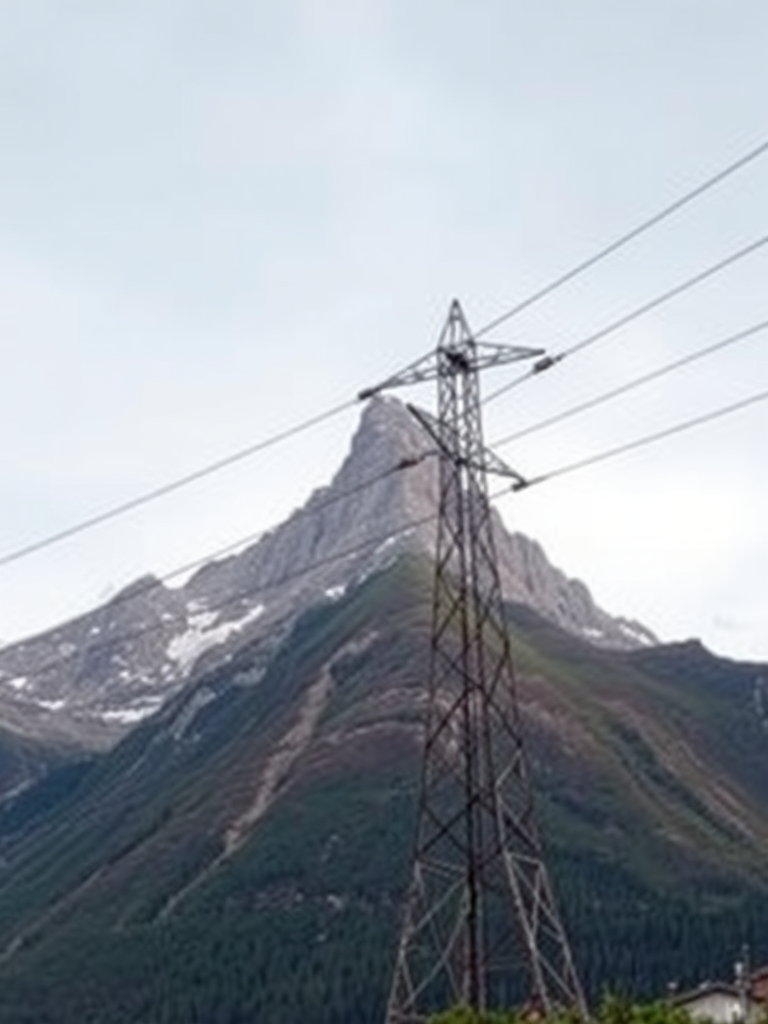 high-resolution image of a mountain landscape with a power line tower in the foreground, captured with a DSLR camera at f/8 aperture, ISO 100, 1/125 sec exposure, 24mm wide-angle lens, taken from a low angle to emphasize the height of the mountain and the tower, in natural lighting with a slight overcast sky for soft shadows and vibrant colors