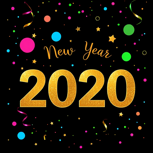 Create a festive New Year 2020 graphic with gold numbers, colorful circles (pink, blue, green), stars, and confetti on a dark background, high resolution, 50mm lens, f/2.8 aperture, ISO 100, with a soft-focus effect.