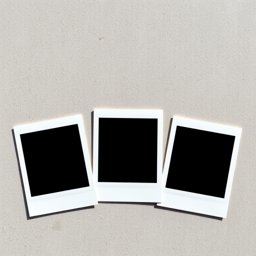 Create a high-quality image of three empty polaroid photo frames with a slightly textured background, using a DSLR camera with a 50mm lens, aperture f/2.8, ISO 100, and natural lighting for soft shadows.