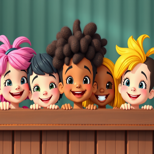 Create an image of five diverse cartoon children with colorful hairstyles, smiling and peeking over a bar, in bright, vibrant colors, using a Canon EOS R5, 50mm lens, f/1.8 aperture, ISO 100, in natural lighting, with a shallow depth of field for enhanced focus on the characters.