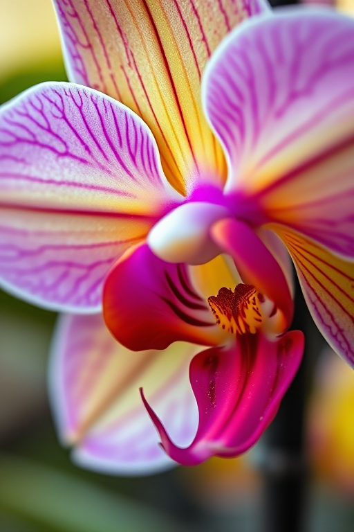 Capture a close-up image of a vibrant orchid with rich colors and intricate details, using a DSLR camera, aperture f/2.8 for shallow depth of field, a focal length of 100mm, ISO 100 for high quality, and natural lighting to enhance the flower's texture and hues.