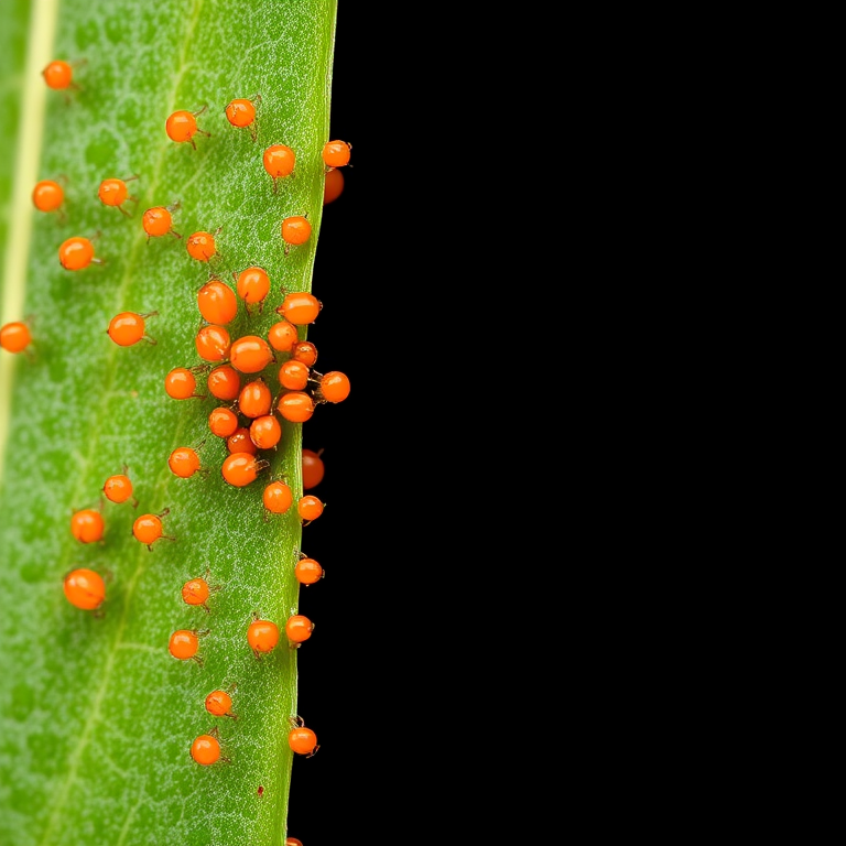 Close-up macro shot of a green leaf infested with orange aphids, captured with a Canon EOS 90D camera, 100mm f/2.8 macro lens, ISO 100, f/11, 1/200s, natural light, black background for contrast.