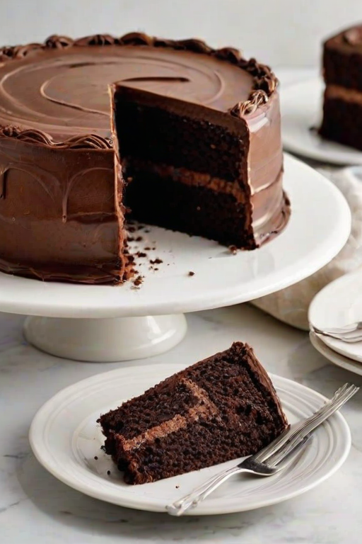Create an image of a rich chocolate cake with smooth chocolate frosting. The cake should be round and appear moist, with a slice removed to show its fluffy interior. Place the cake on a marble cake stand, with a soft, neutral background. Include decorative plates and a small fork beside the cake for an inviting presentation.