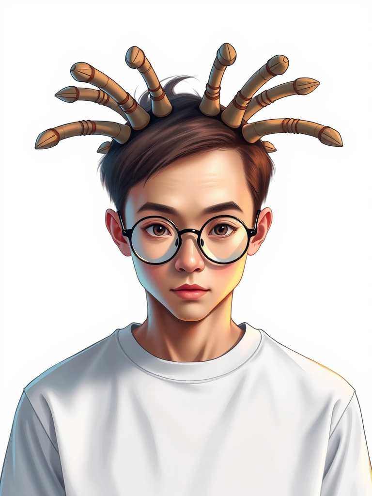 Create a highly detailed illustration of a person with multiple elongated objects resembling antennae protruding from their head, wearing round glasses, with a clean white background, captured using a DSLR camera, 50mm lens, f/2.8 aperture, ISO 100, in a well-lit studio setting for enhanced clarity and sharpness.