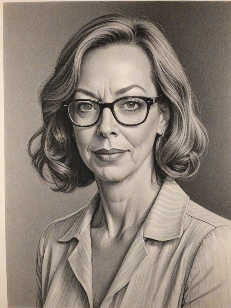 Wonderful Allison Janney, pencil sketch, portrait of Resplendent woman 1939s in glasses, hair style beatnik, outline, clear lines, fine lines, 8k