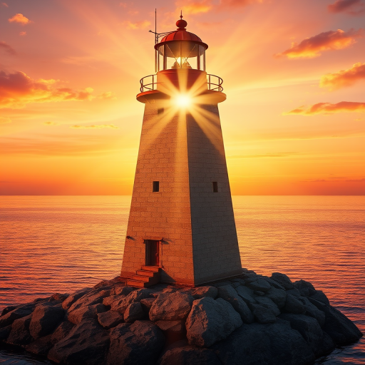 Generate an image of a tall lighthouse perched on a rocky outcrop surrounded by calm ocean waters during a breathtaking sunset. The lighthouse stands sturdy and weathered, its stone surface illuminated by the warm golden light of the setting sun. The sun's rays pass directly through the glass lantern room at the top of the lighthouse, casting a brilliant light across the scene. The sky is painted with vibrant shades of orange, pink, and purple, reflecting off the tranquil sea. The surrounding water shimmers with the same warm hues, creating a serene and majestic atmosphere.