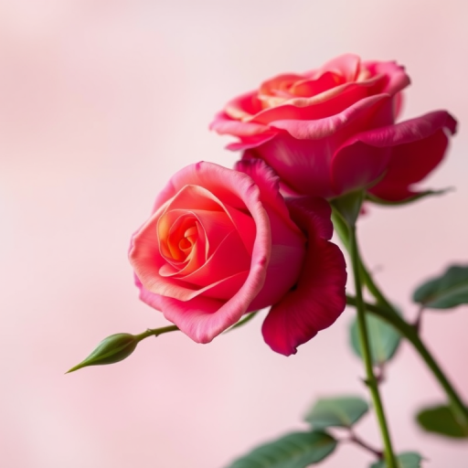 Regenerate an image of a rose stem with three blooming roses, vibrant colors on a soft focus background, camera settings: f/2.8, ISO 100, shutter speed 1/125s, camera view: macro, camera style: photographic realism, camera type: DSLR.