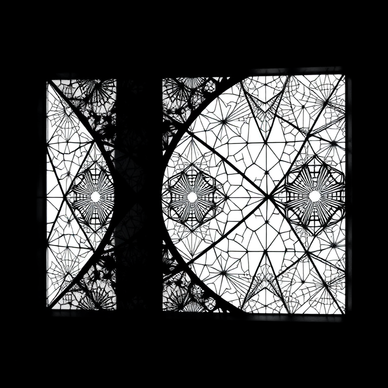 Generate a high-quality black and white abstract image featuring intricate geometric patterns, taken with a Canon EOS R5, 50mm lens, f/1.8 aperture, ISO 100, 1/125s shutter speed, in a soft natural lighting setup, with a focus on sharp details and a shallow depth of field.