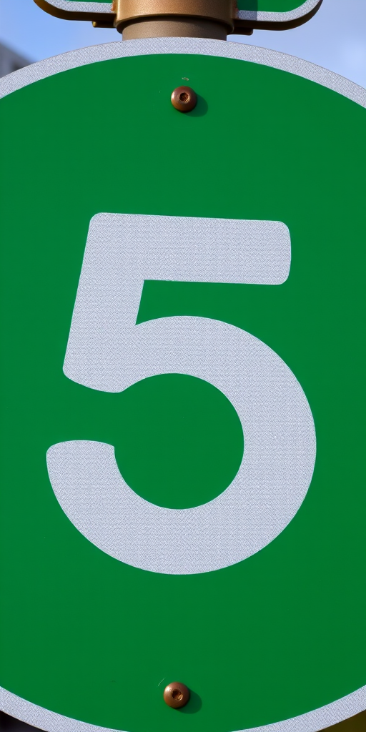 Create a high-resolution image of a green circular traffic sign with a large white number 5 in the center, shot with a DSLR camera at f/2.8 aperture, ISO 100, 50mm lens, from a slight angle view to enhance depth and detail.