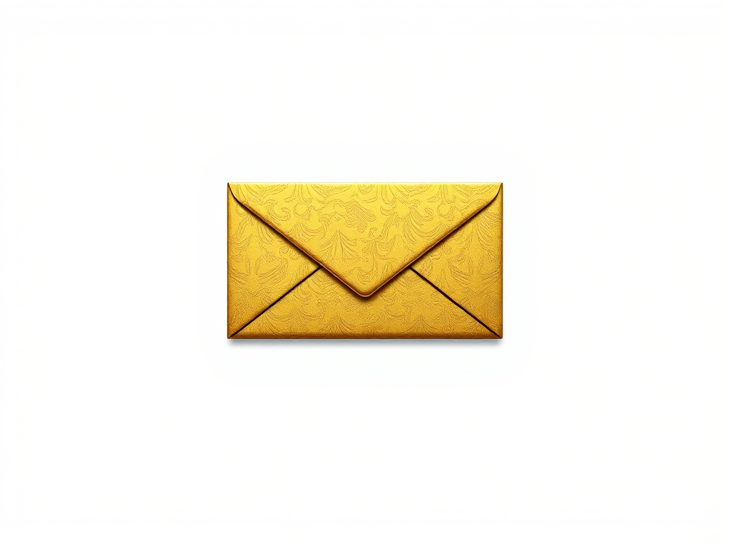 Create a high-resolution vector graphic of a stylized golden envelope logo, using a Canon EOS R5 with a 50mm f/1.2 lens, shot from a front view at f/8 to enhance detail and clarity, with soft lighting and a clean white background for contrast.